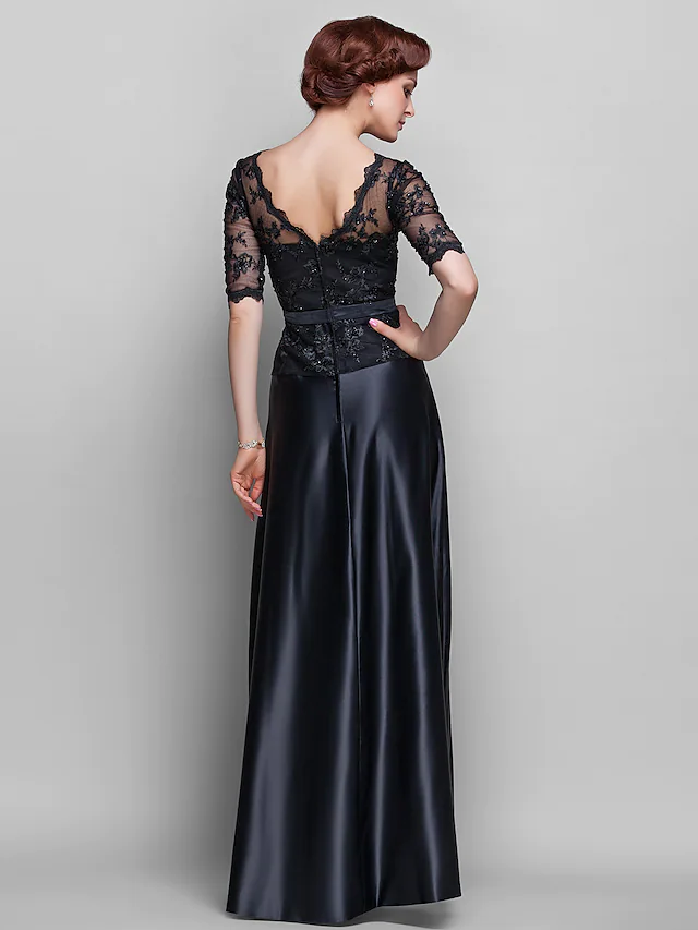 Luolandi A-Line Mother of the Bride Dress See Through V Neck Floor Length Lace Satin Half Sleeve with Lace Bow(s) Beading Black