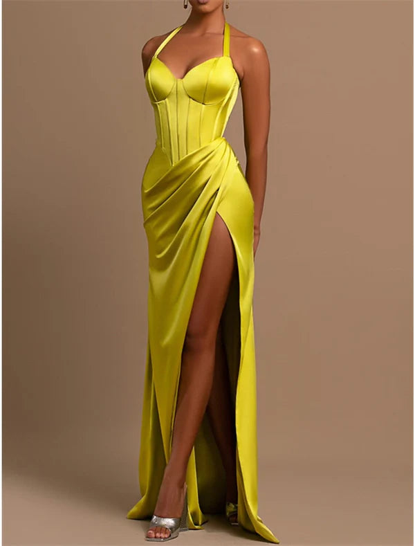Luolandi Mermaid / Trumpet Evening Gown Corsets Dress Formal Wedding Guest Floor Length Sleeveless Halter Neck Satin with Ruched Slit Sexy