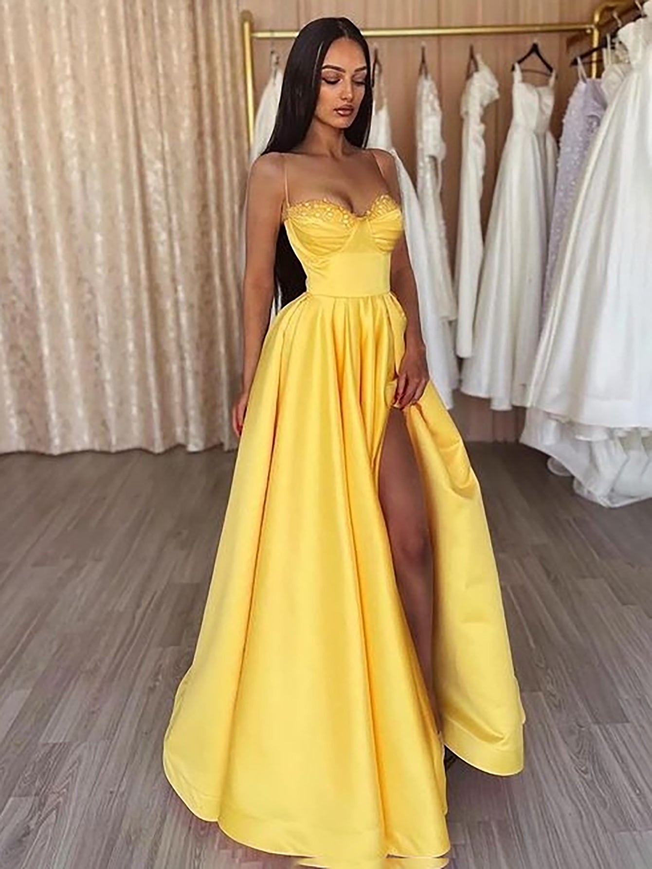 Luolandi Yellow Spaghetti Straps Sleeveless Long Prom Dress With Slit Sexy Evening Dress