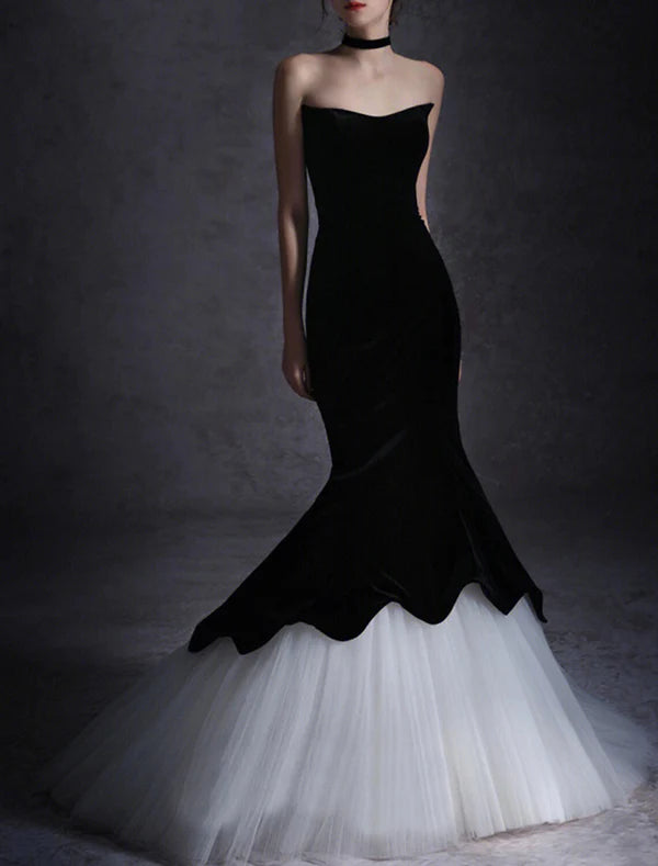 Luolandi Mermaid / Trumpet Evening Gown Elegant Dress Formal Wedding Party Floor Length Sleeveless Strapless Tulle with Fringe Off Shoulder Prom Dress