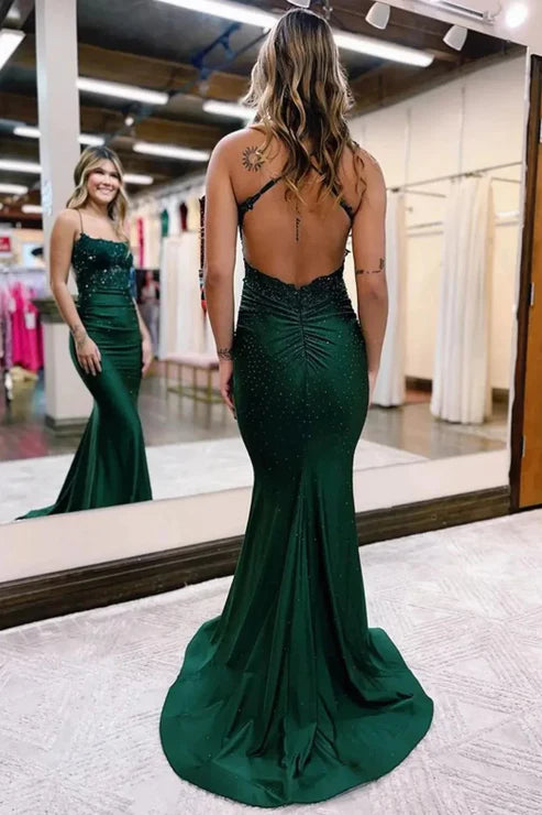 Luolandi Sparkly Dark Green Beaded Long Prom Dress with Appliques Sexy Evening Dress