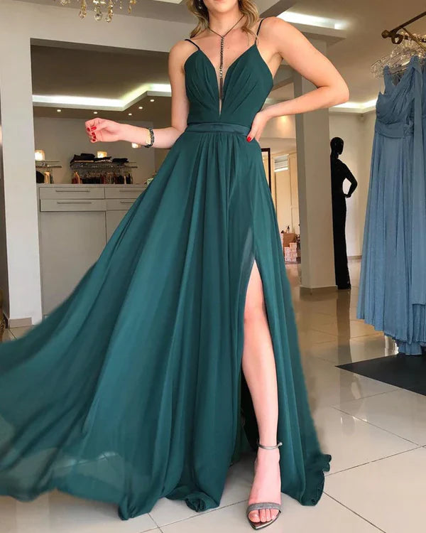 Luolandi Plunge Neck Open Back Chiffon Split Dresses Prom Dresses With Lace Up Back Party Dress