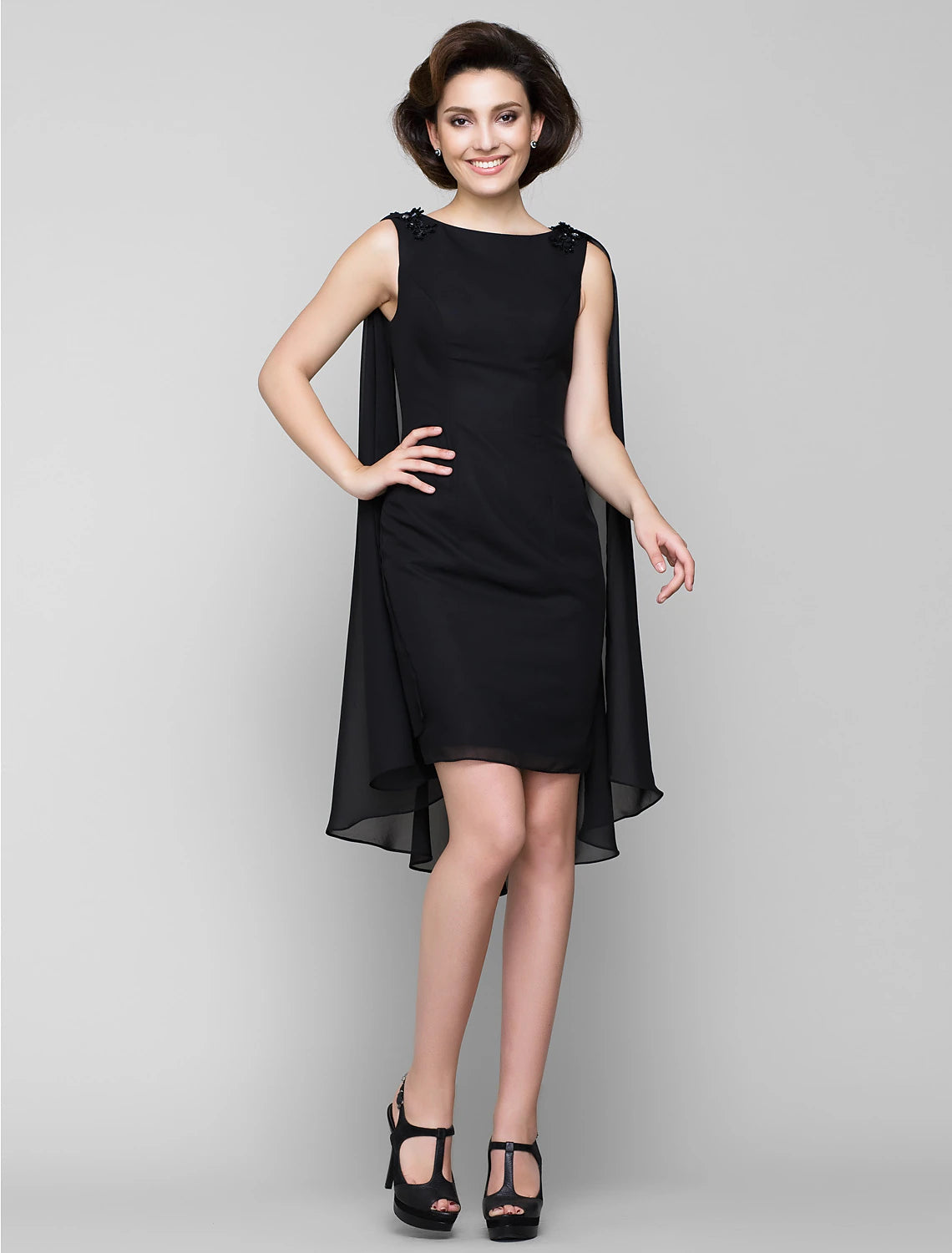 Luolandi Sheath / Column Mother of the Bride Dress Wrap Included Bateau Neck Knee Length Chiffon Sleeveless yes