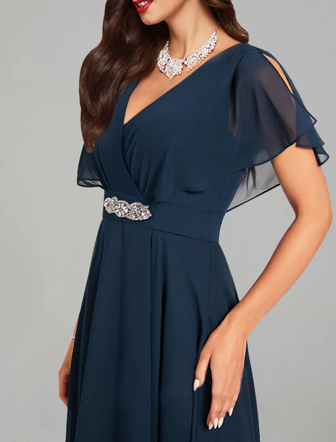 Luolandi A-Line Wedding Guest Dresses Elegant Dress Cocktail Party Church Tea Length Short Sleeve V Neck Belt / Sash Chiffon with Crystals Dark Navy