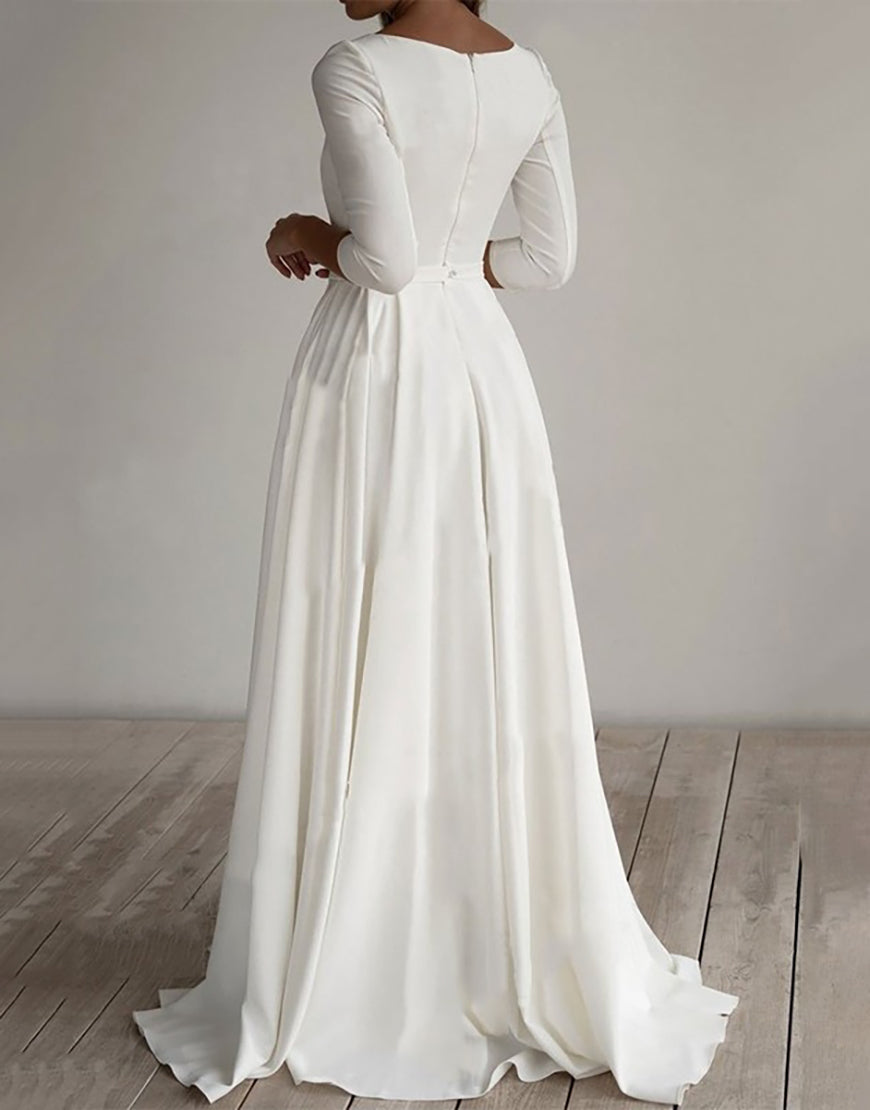 Luolandi A Line 3/4 Sleeves Long Bridal Dress Floor Length Pure Color Wedding Dresses
