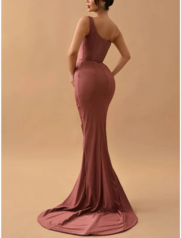 Luolandi Sheath / Column Evening Gown High Split Dress Formal Sweep / Brush Train Sleeveless One Shoulder Satin Sexy Party Dress