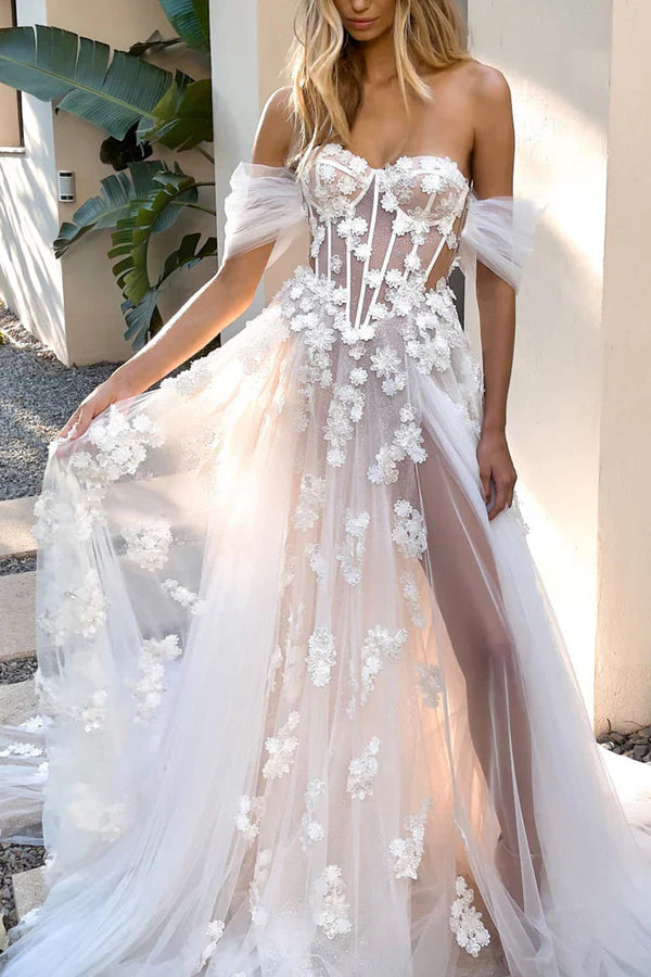 Luolandi A Line Sweetheart Lace Applique Bohemian Wedding Dress Off Shoulder With Slit Sexy