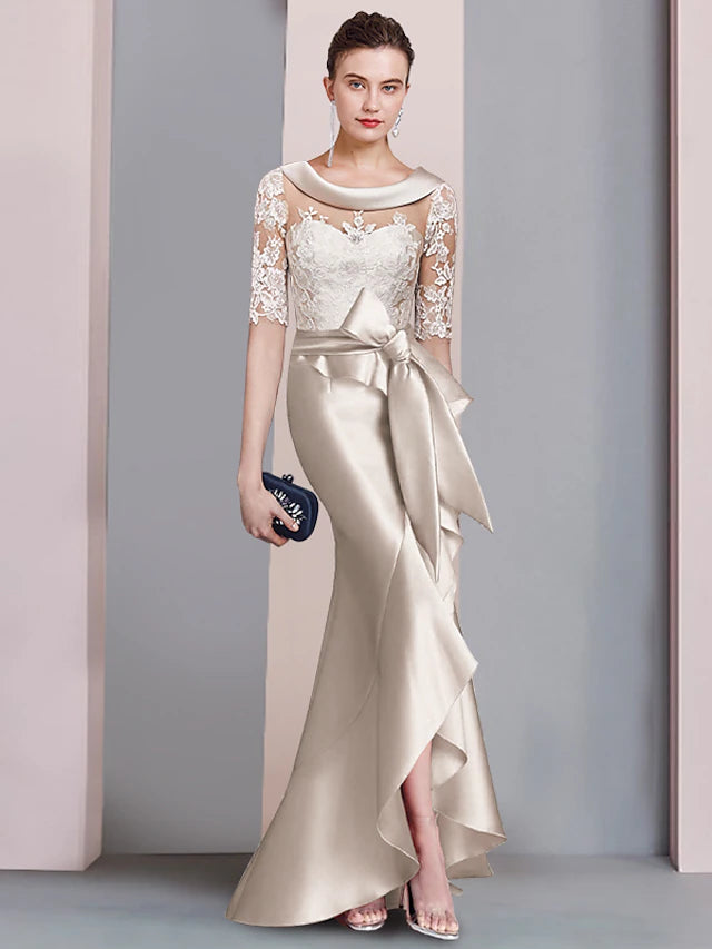 Luolandi Mermaid / Trumpet Mother of the Bride Dress Formal Elegant High Low Scoop Neck Sweep / Brush Train Asymmetrical Satin Lace Half Sleeve with Bow(s)