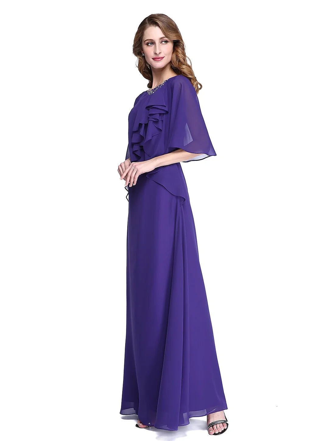 Luolandi Sheath / Column Mother of the Bride Dress Elegant Open Back Jewel Neck Floor Length Chiffon Half Sleeve with Pleats Beading