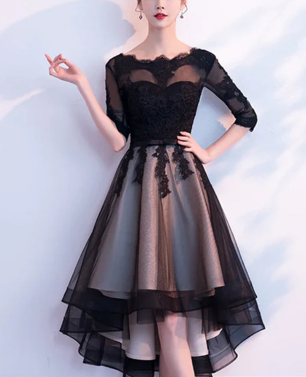 Luolandi Champagne and black High Low Short Sleeves Party Dress High Low homecoming Dress Formal Dresses Elegant Cocktail Dress