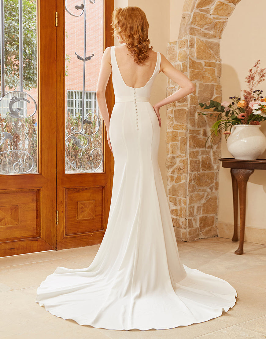 Luolandi Square Neck Wedding Dress With Sweep Train Pure Color