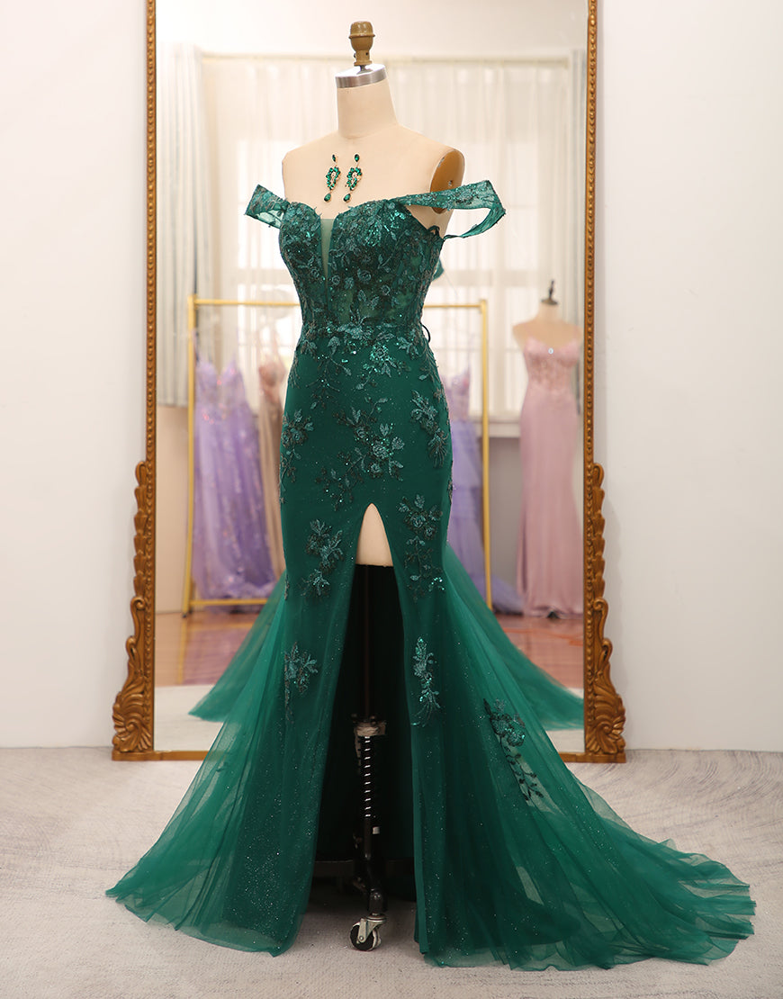 Luolandi Stylish Mermaid Off the Shoulder Dark Green Corset Prom Dress with Split Front Sexy