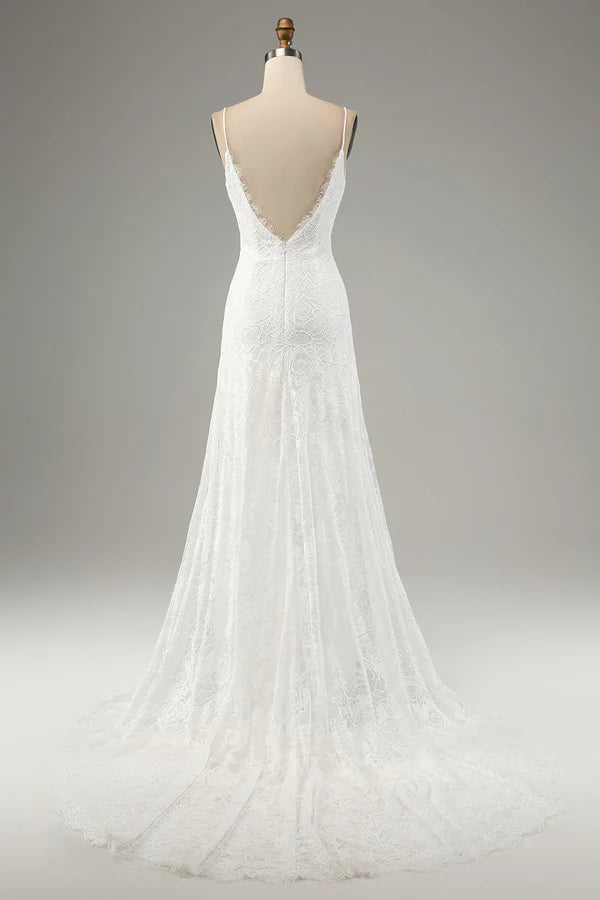 Luolandi Ivory fish tail lace thin shoulder strap slit wedding dress Beautiful