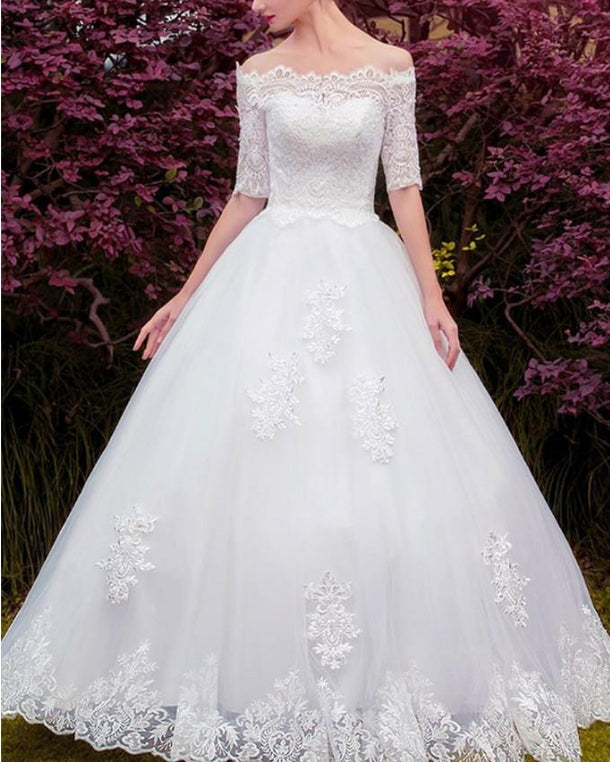Luolandi A-line Off-Shoulder Floor-Length Tulle Lace Appliqued Wedding Dresses Charming