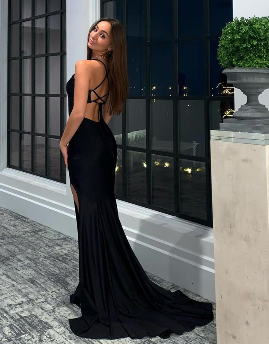 Luolandi Mermaid Backless Black Prom Dress with Split Sexy Evening Party Dresses
