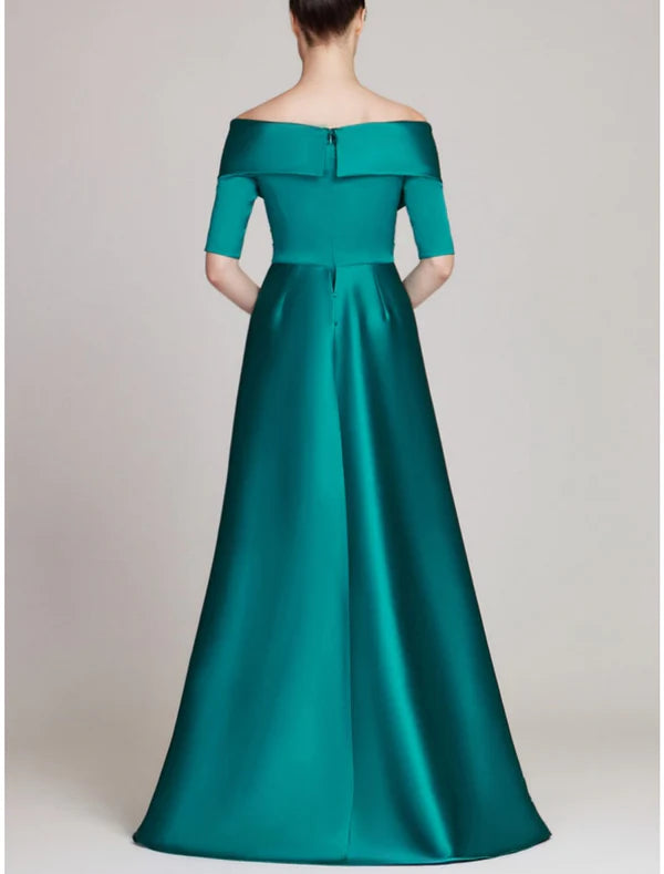 Luolandi Sheath / Column Evening Gown Elegant Dress Formal Sweep / Brush Train Half Sleeve Off Shoulder Satin with Ruched Sexy