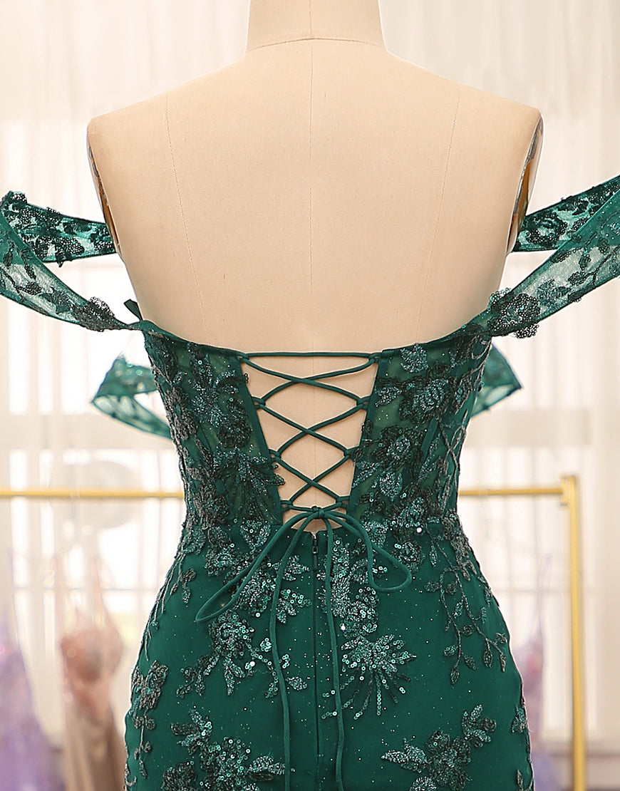 Luolandi Stylish Mermaid Off the Shoulder Dark Green Corset Prom Dress with Split Front Sexy