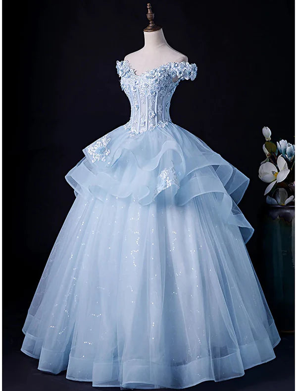 Luolandi Ball Gown Evening Gown Minimalist Dress Formal Wedding Guest Floor Length Sleeveless Off Shoulder Tulle Backless with Pleats Appliques Prom Dress