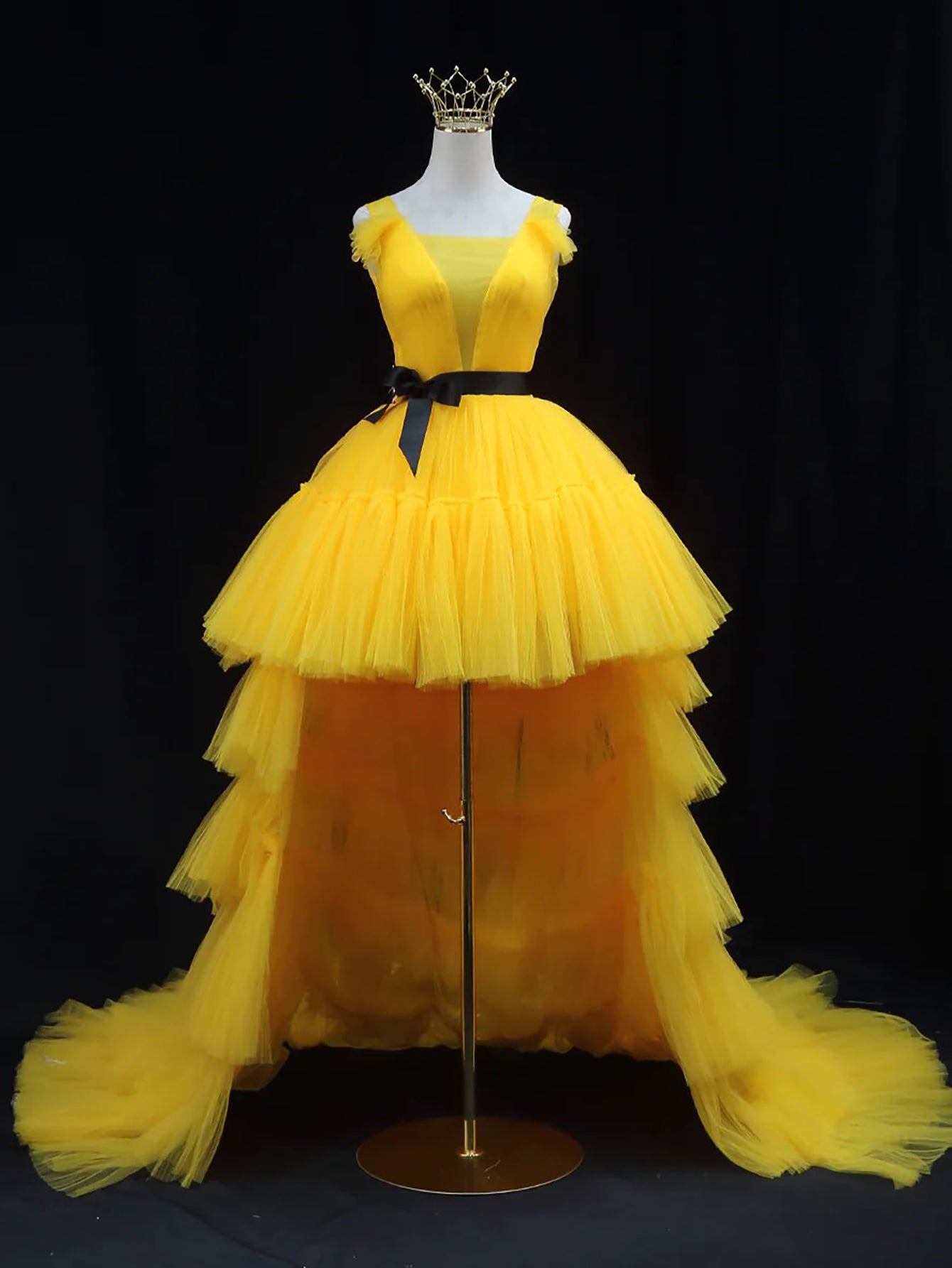 Luolandi Yellow High Low Tulle Sleeveless Prom Dress Sexy