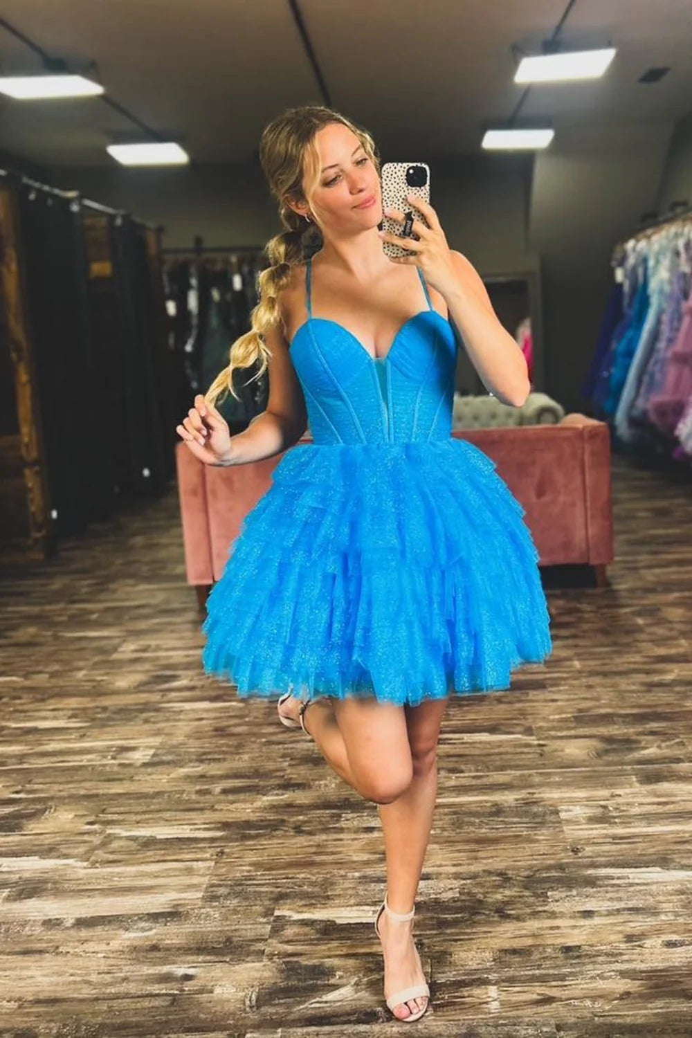 Luolandi Blue Spaghetti Straps A Line Tulle Homecoming Dress Sweetheart Graduation Dress