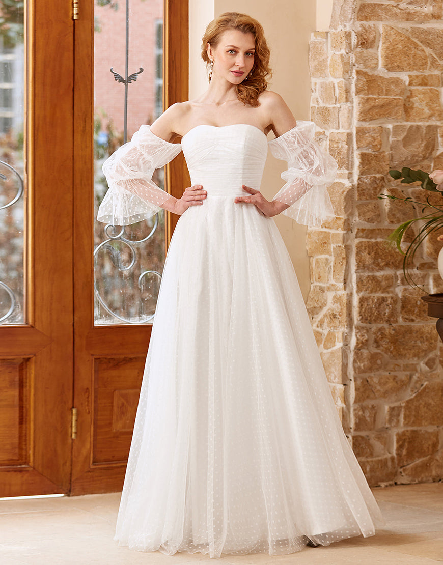 Luolandi A Line Off the Shoulder Wedding Dress with Long Sleeves Floor Length