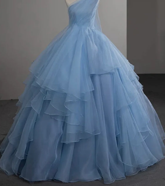 Luolandi Ball Gown One Shoulder Tulle Blue Ruffle Tiered Long Prom Dress Evening Dress Light Blue