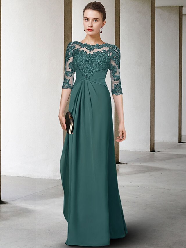 Luolandi Sheath / Column Plus Size Curve Mother of the Bride Dress Elegant Jewel Neck Floor Length Chiffon Lace Half Sleeve with Appliques