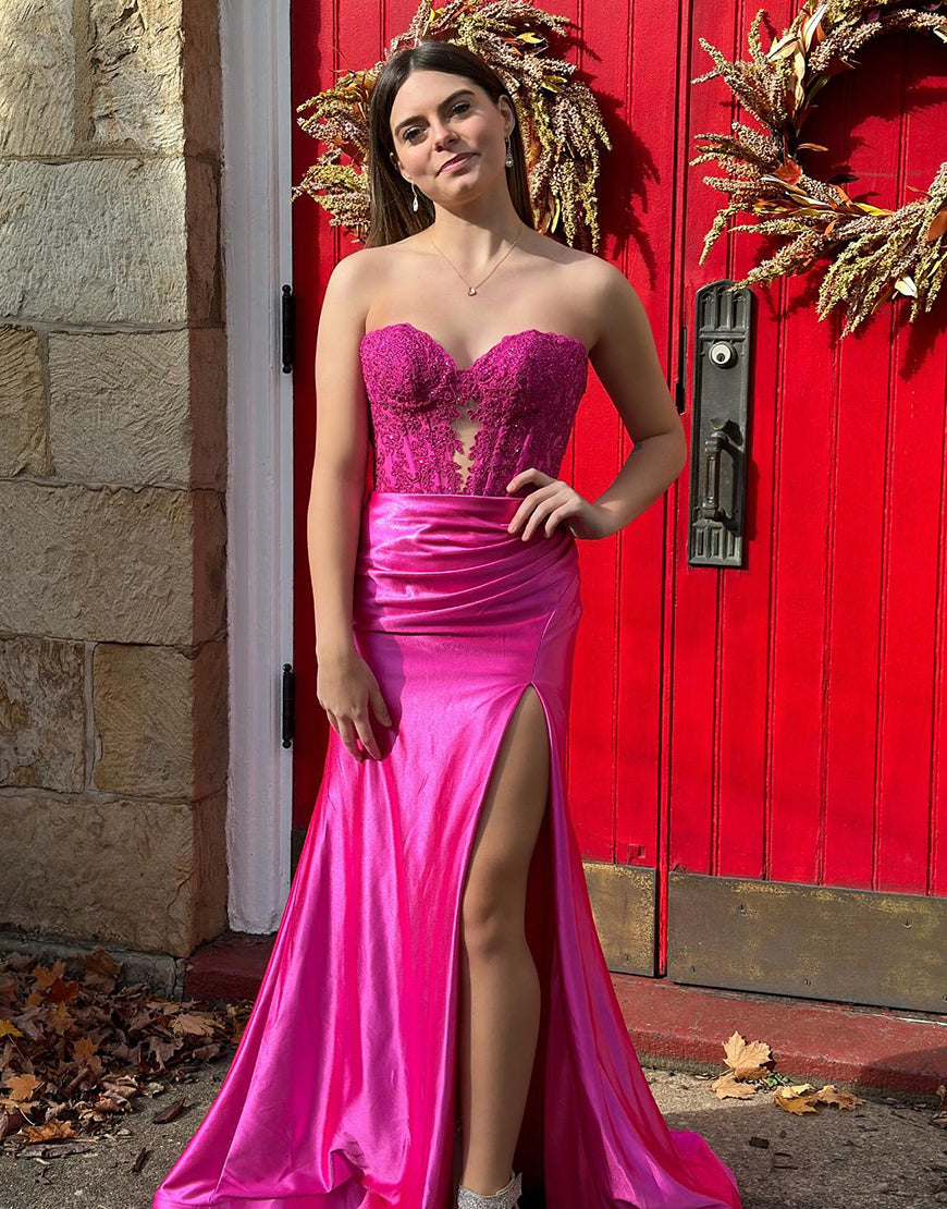 Luolandi Fuchsia Mermaid Off The Shoulder Floral Satin Long Prom Dress with Slit Charming Evening Party Dress