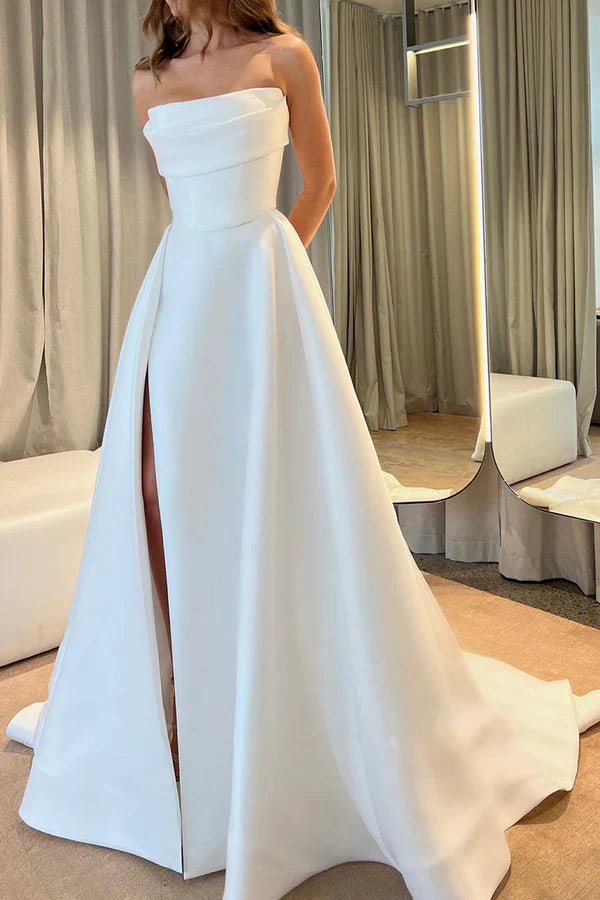 Luolandi A-line satin strapless empire side slit tail casual wedding Dresses