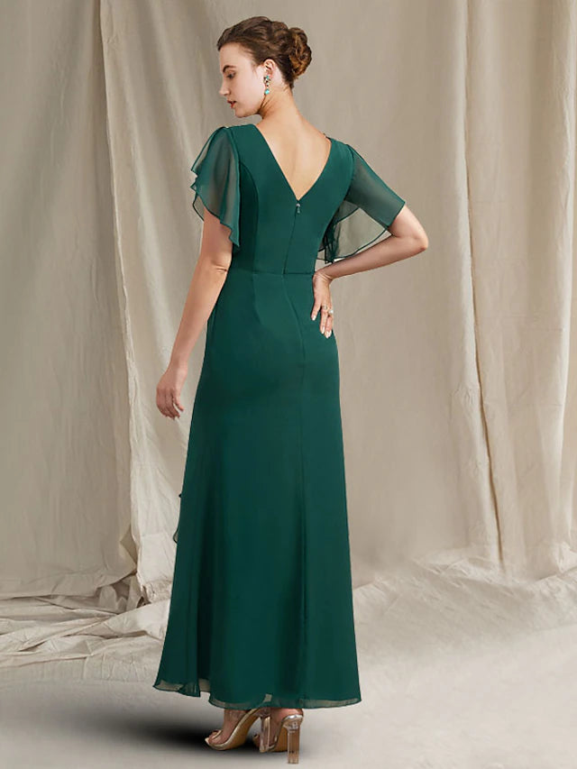 Luolandi A-Line Mother of the Bride Dress Plus Size Elegant Jewel Neck Ankle Length Chiffon Short Sleeve with Crystals