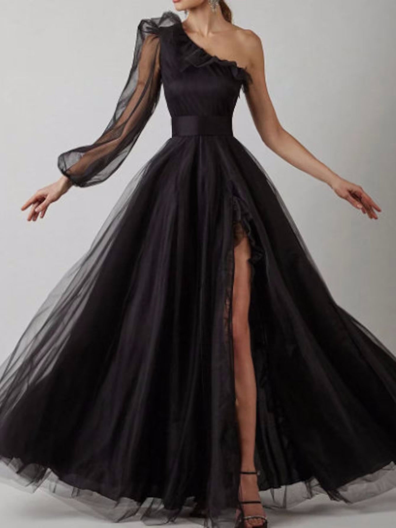 Luolandi One Shoulder Black Tulle A Line Long Prom Dress With Slit Sexy Evening Dress