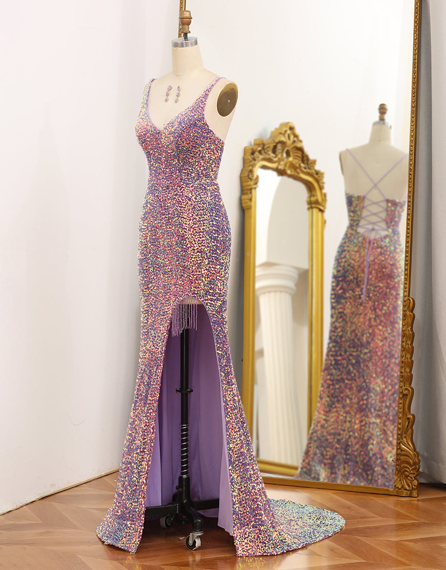 Luolandi Sparkly Light Purple Lace-Up Back Sequins Long Prom Dress with Fringes Sexy