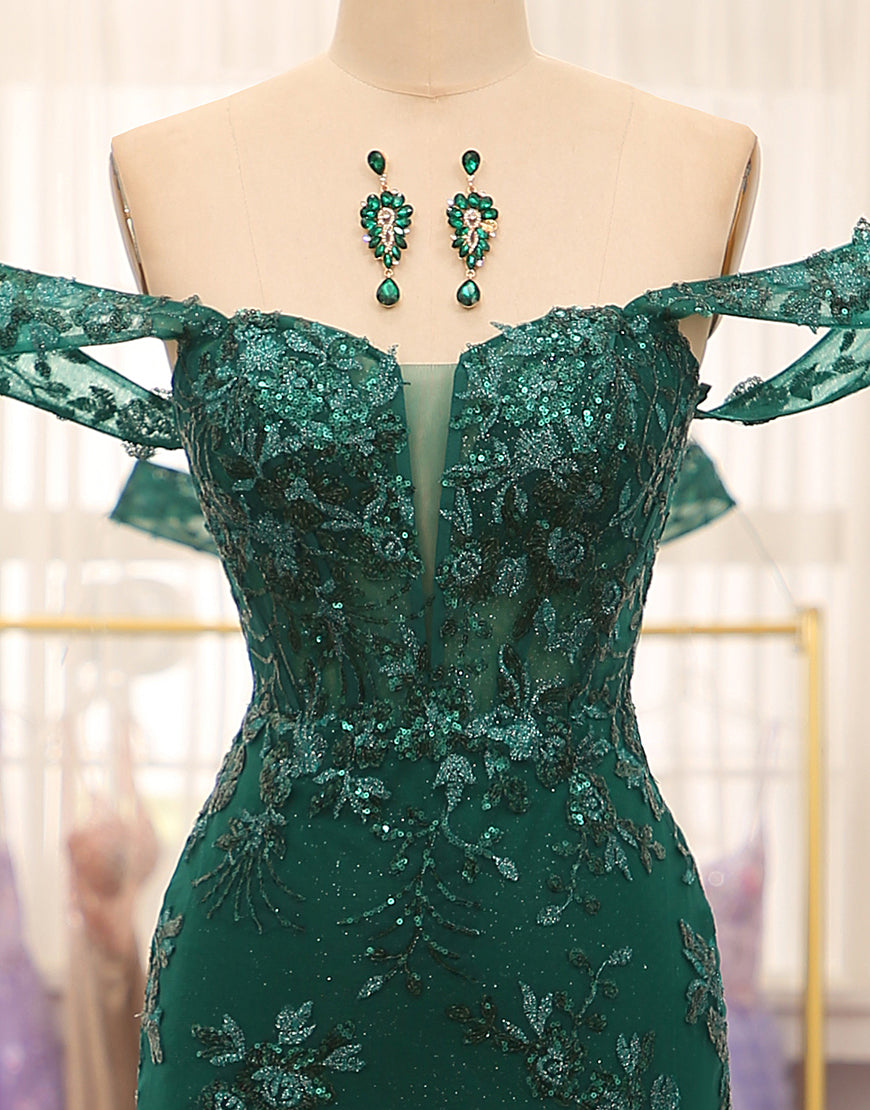 Luolandi Stylish Mermaid Off the Shoulder Dark Green Corset Prom Dress with Split Front Sexy