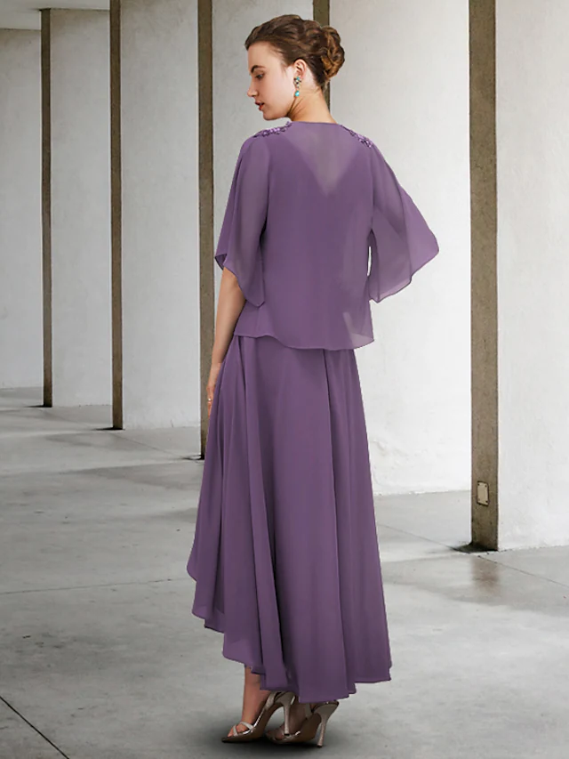 Luolandi Two Piece A-Line Mother of the Bride Dress Elegant V Neck Asymmetrical Chiffon Half Sleeve with Pleats Beautiful