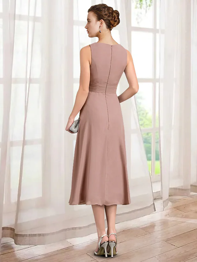 Luolandi A-Line Mother of the Bride Dress Elegant Jewel Neck Tea Length Chiffon Lace 3/4 Length Sleeve