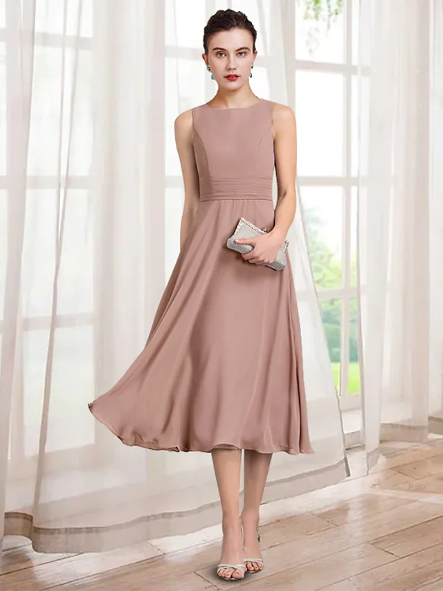 Luolandi A-Line Mother of the Bride Dress Elegant Jewel Neck Tea Length Chiffon Lace 3/4 Length Sleeve