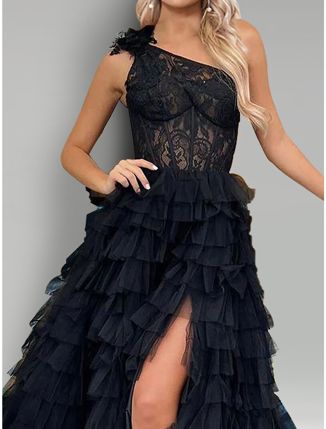 Luolandi A-Line Evening Gown Floral Dress Wedding Party Semi Formal Sweep / Brush Train Sleeveless One Shoulder Lace with Slit