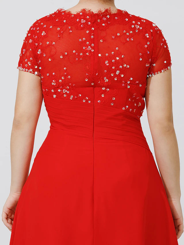 Luolandi A-Line Mother of the Bride Dress Elegant & Luxurious Beautiful Back Plus Size Jewel Neck Knee Length Chiffon Beaded Lace Short Sleeve No with Pleats Beading