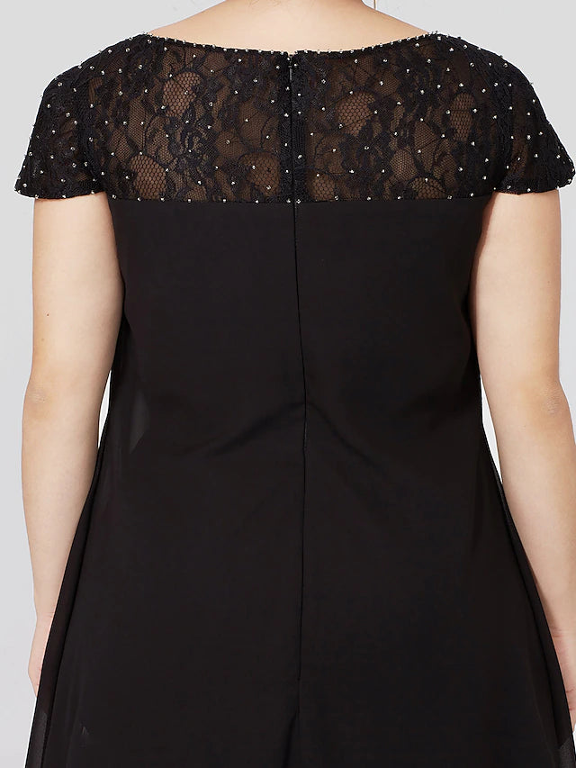 Luolandi Sheath / Column Mother of the Bride Dress Formal Little Black Dress Plus Size See Through Jewel Neck Knee Length Chiffon Lace Short Sleeve No with Pleats Beading