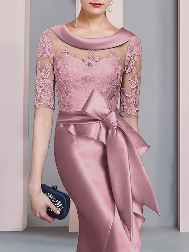 Luolandi Mermaid / Trumpet Mother of the Bride Dress Formal Elegant High Low Scoop Neck Sweep / Brush Train Asymmetrical Satin Lace Half Sleeve with Bow(s)