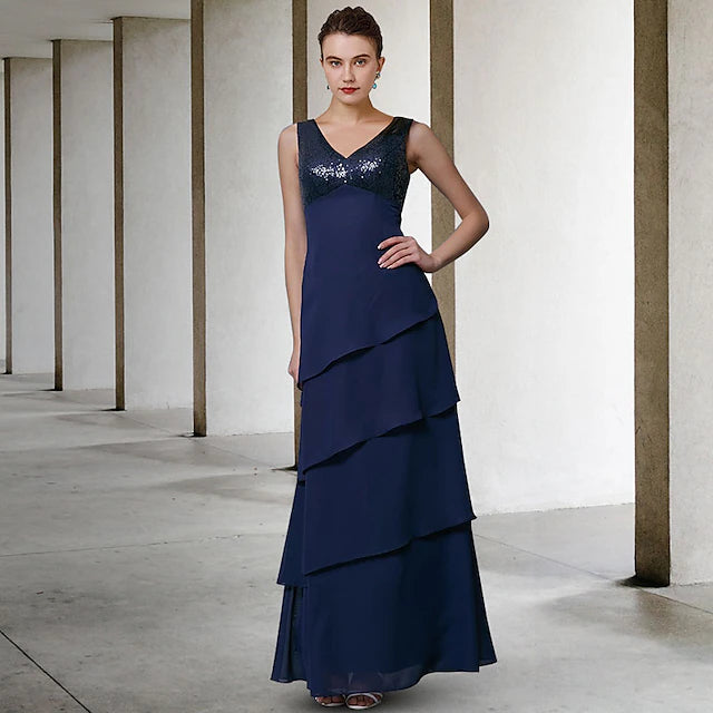 Luolandi A-Line Mother of the Bride Dress Elegant V Neck Floor Length Chiffon Sequined Sleeveless Wrap Included with Sequin