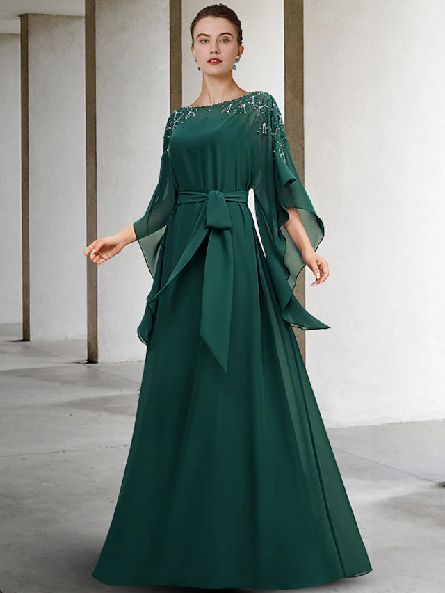 Luolandi A-Line Mother of the Bride Dress Luxurious Elegant Jewel Neck Floor Length Chiffon Half Sleeve with Sash / Ribbon