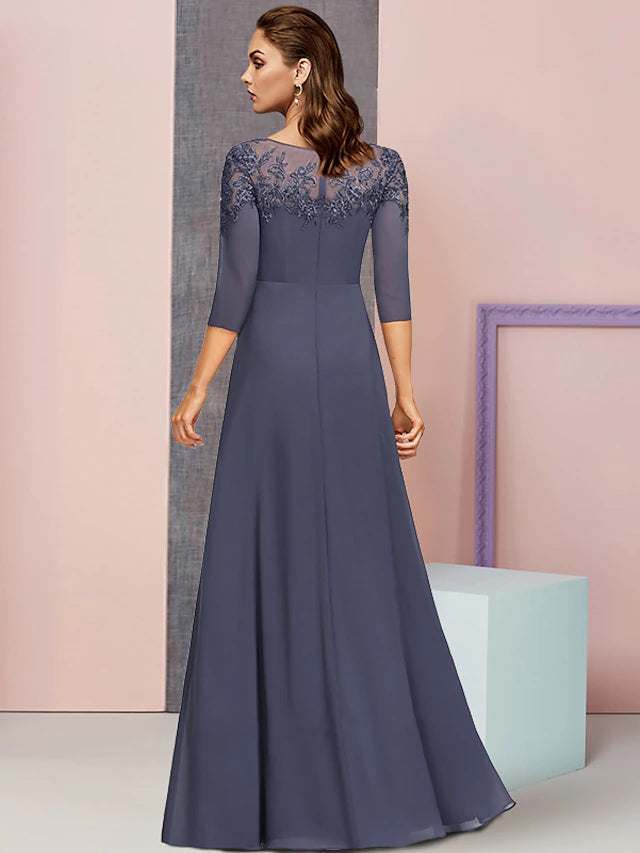 Luolandi A-Line Mother of the Bride Dress Formal Elegant Jewel Neck Floor Length Chiffon Lace 3/4 Length Sleeve