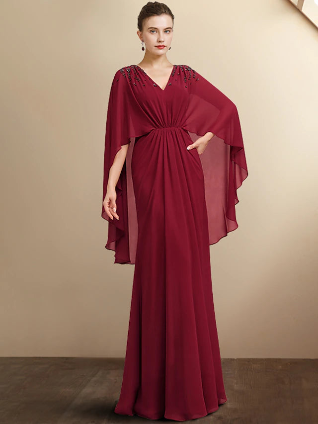Luolandi A-Line Mother of the Bride Dress Plus Size Elegant V Neck Floor Length Chiffon Half Sleeve with Pleats Beading
