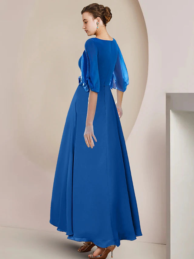 Luolandi A-Line Mother of the Bride Dress Wedding Guest Party Elegant V Neck Asymmetrical Chiffon Half Sleeve with Crystal Brooch