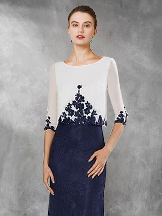Luolandi Two Piece Sheath / Column Mother of the Bride Dress Wedding Guest Vintage Elegant Jewel Neck Floor Length Chiffon Lace Half Sleeve with Appliques