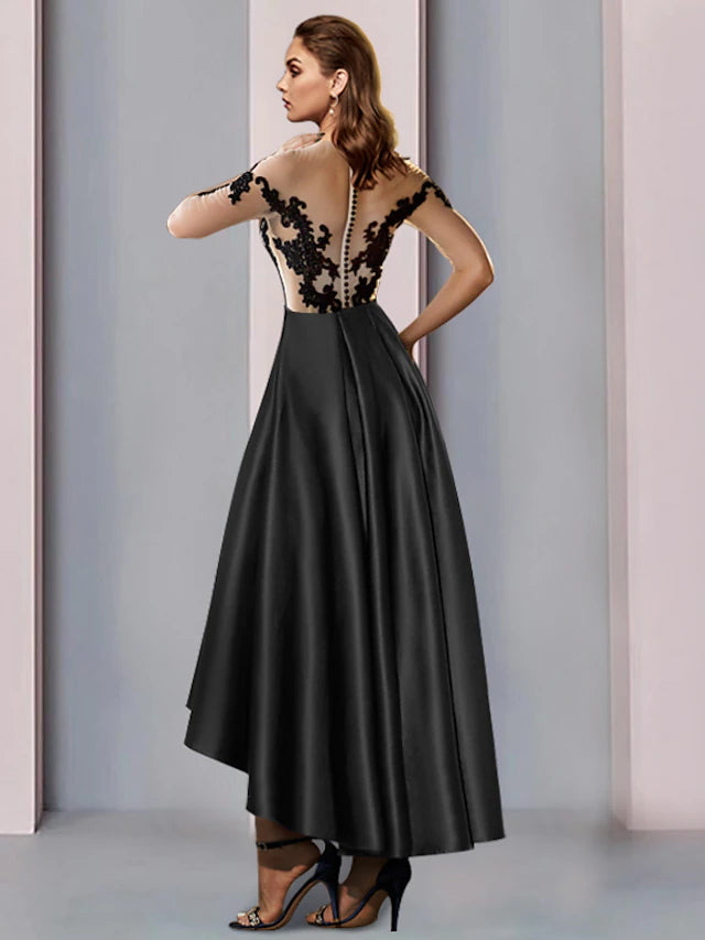 Luolandi A-Line Mother of the Bride Dress Wedding Guest Vintage Elegant Illusion Neck Asymmetrical Satin Lace Half Sleeve