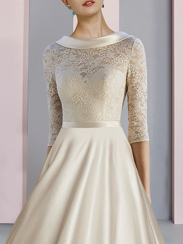 Luolandi Sheath / Column Mother of the Bride Dress Wedding Guest Party Elegant Scoop Neck Tea Length Satin Lace Half Sleeve with Bow(s)