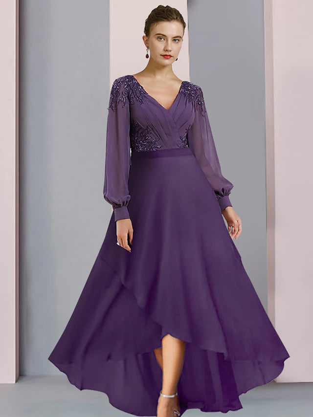 Luolandi Sheath / Column Mother of the Bride Dress Wedding Guest Party Elegant V Neck Asymmetrical Chiffon Lace Long Sleeve