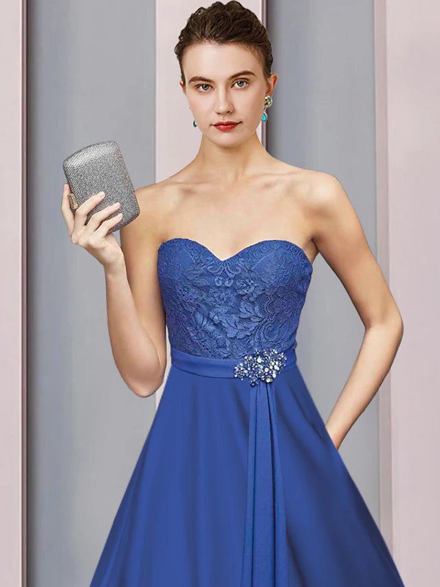 Luolandi Two Piece A-Line Mother of the Bride Dress Formal Church Party Elegant Strapless Tea Length Satin Lace Half Sleeve Wrap Included